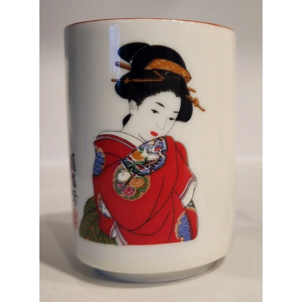 Furisode Kimono Japanese Geisha Tea Cups Artist Signed Set Of 4